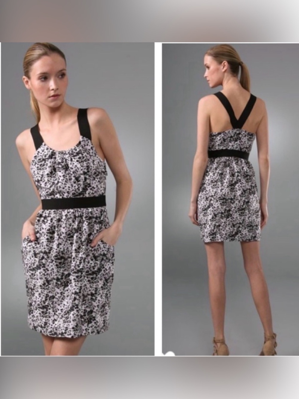 Theory Raiku Silk Women's Black and White Floral Strap Dress